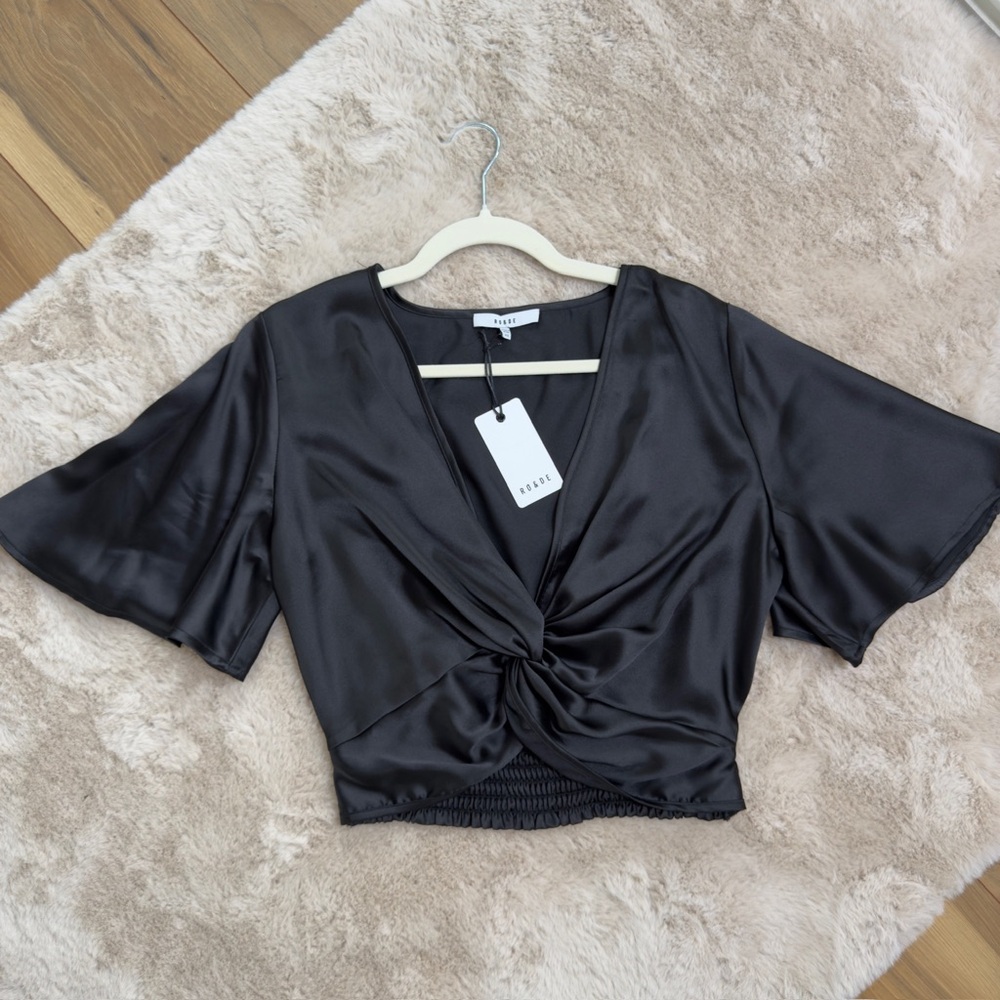 Size XS - M / Elegant Black Satin Women's Top Blouse Short Flare Sleeve